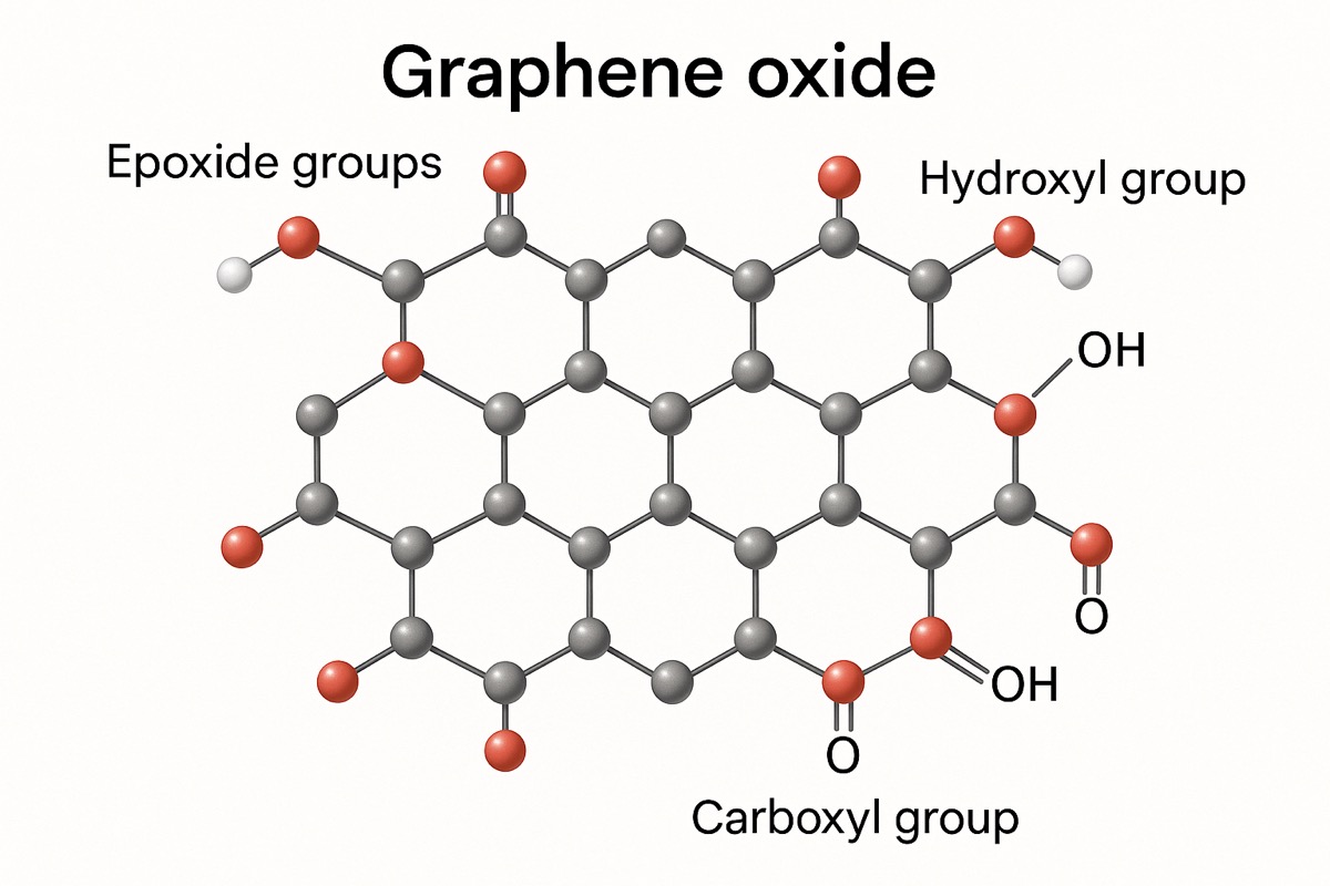 Graphene oxide molecular structure showing epoxide, hydroxyl, and carboxyl functional groups