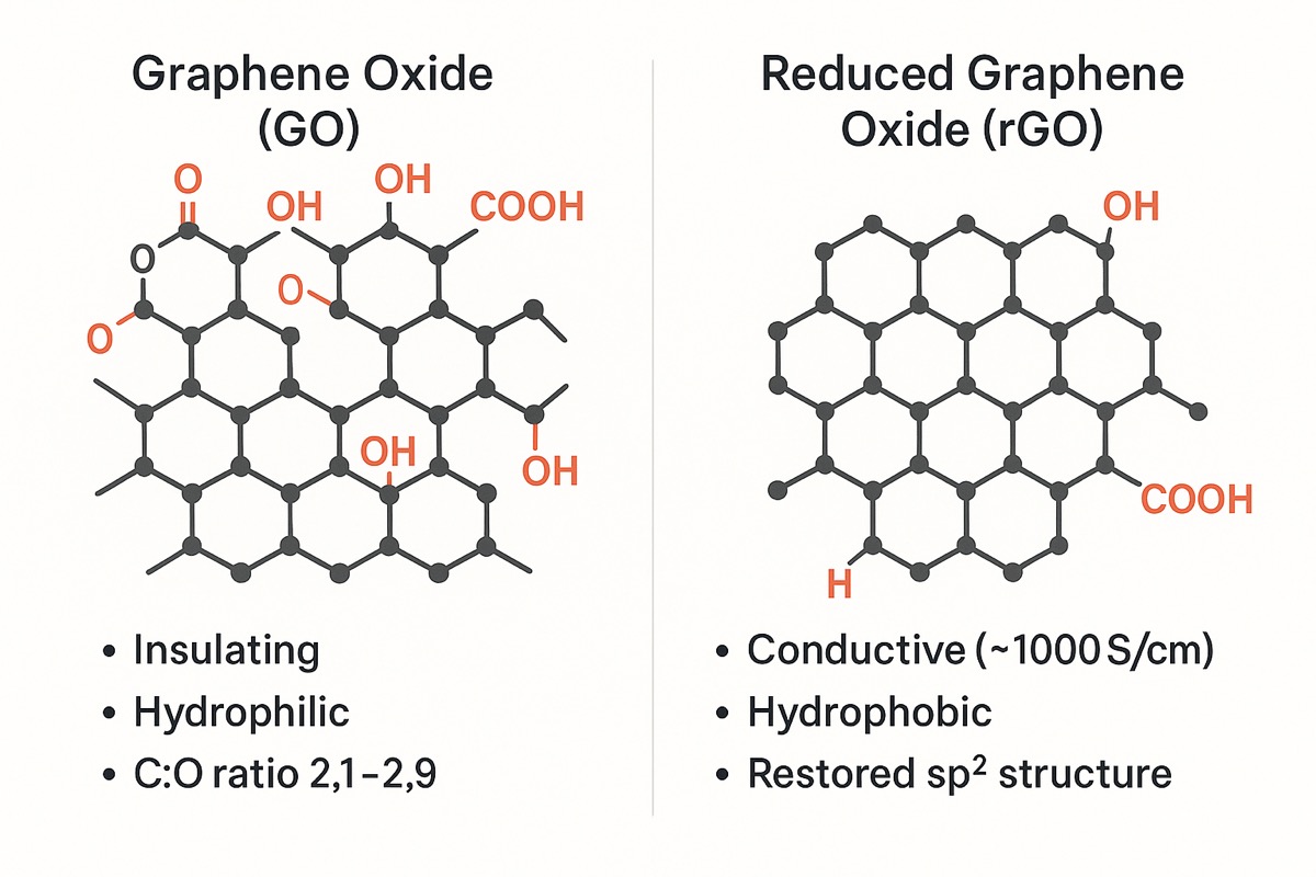 GO vs rGO comparison chart showing properties of graphene oxide and reduced graphene oxide