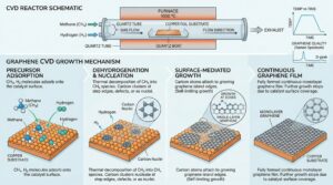 Light mode image illustrating graphene growth mechanisms via CVD process.