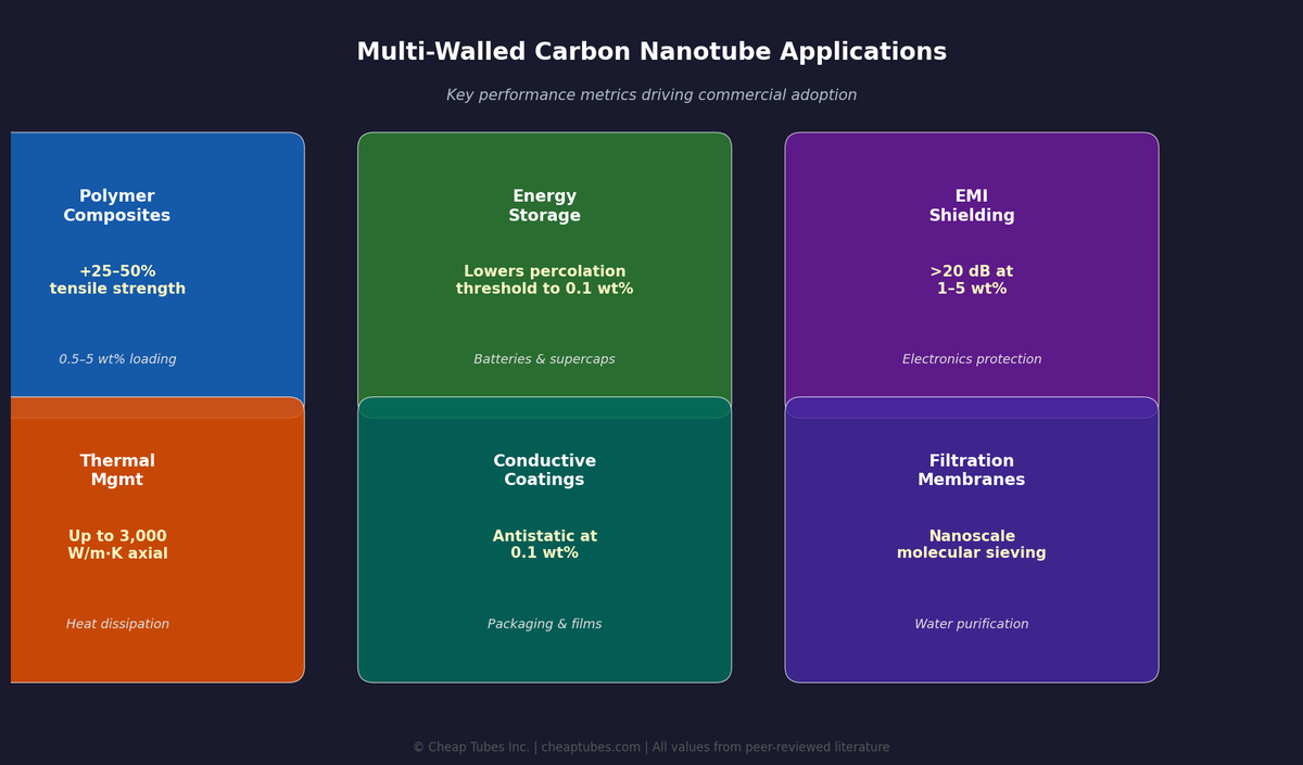 Infographic showing six multi-walled carbon nanotube applications: polymer composites, energy storage, EMI shielding, thermal management, conductive coatings, and filtration membranes