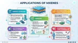 Infographic displaying diverse MXene applications in energy storage, sensors, EMI shielding, environmental, and biomedical fields (light mode).