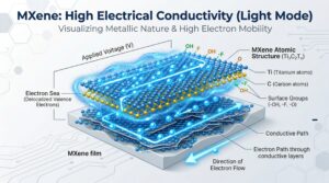 Conceptual image illustrating MXene's high electrical conductivity and metallic nature with electron flow (light mode).