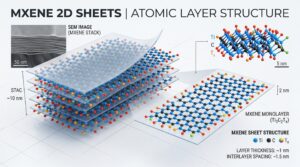 Visual representation of layered 2D MXene nanosheets, highlighting their thin and stacked structure (light mode).