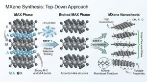 Conceptual diagram of MXene synthesis, showing the transformation from MAX phase to layered MXene sheets through etching and delamination (light mode).