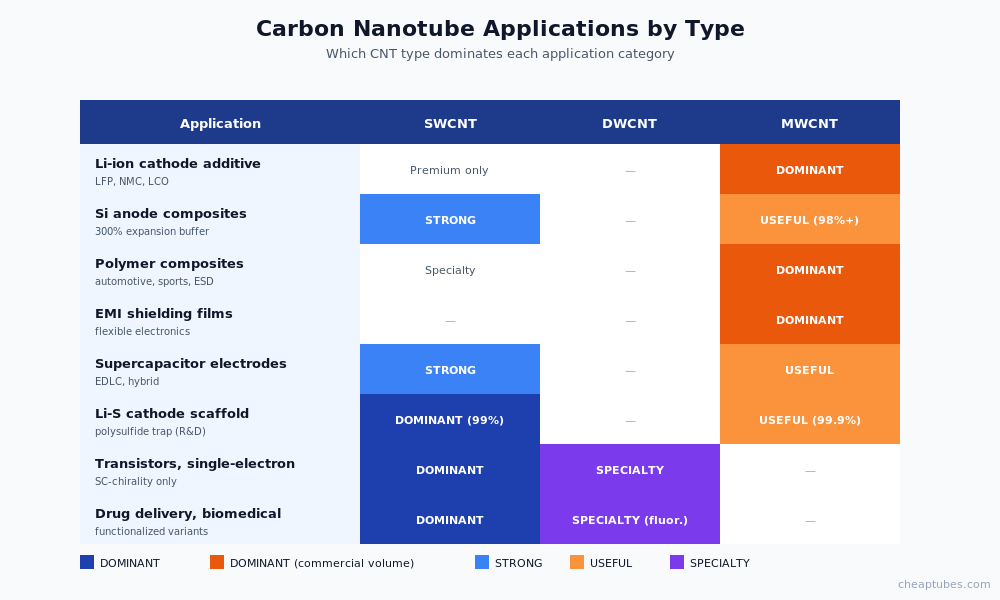 Application matrix mapping carbon nanotube types to applications - MWCNT dominant for Li-ion cathode additive polymer composites EMI shielding, SWCNT dominant for transistors biomedical Li-S R&D, DWCNT specialty for fluorescent labeling sensors
