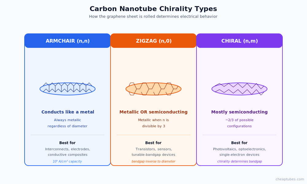 Three carbon nanotube chirality types compared - armchair always metallic, zigzag metallic when n divisible by 3 otherwise semiconducting, chiral mostly semiconducting - each labeled with electrical behavior and application fit