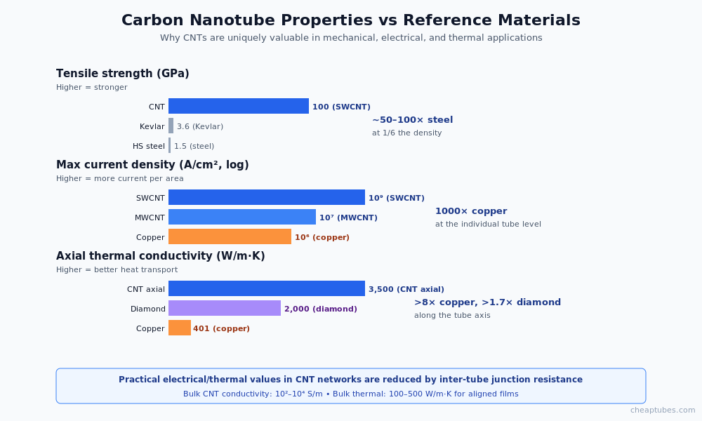 Bar chart comparing carbon nanotube properties against reference materials - tensile strength 100 GPa SWCNT vs 1.5 GPa steel, current density 10 to the 9 vs 10 to the 6 copper, axial thermal conductivity 3500 W per m K vs 2000 diamond vs 401 copper