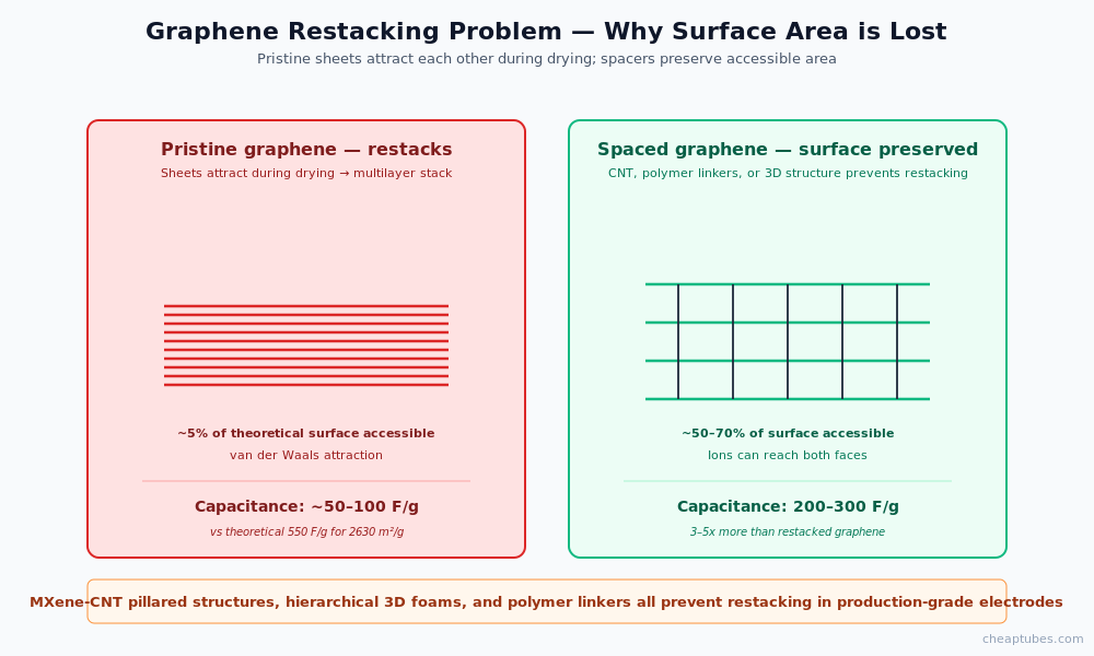 Comparison showing pristine graphene restacking into multilayer stacks losing 95 percent of theoretical surface area giving only 50-100 F per gram, versus spaced graphene with CNT spacers preserving 50-70 percent surface area accessibility delivering 200-300 F per gram capacitance