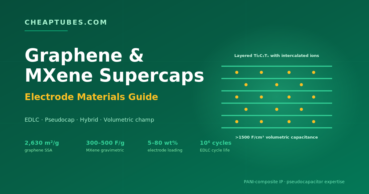 MXene Ti3C2Tx layered structure with intercalated electrolyte ions delivering greater than 1500 F per cubic centimeter volumetric capacitance in supercapacitor electrodes, paired with graphene-based EDLC electrodes