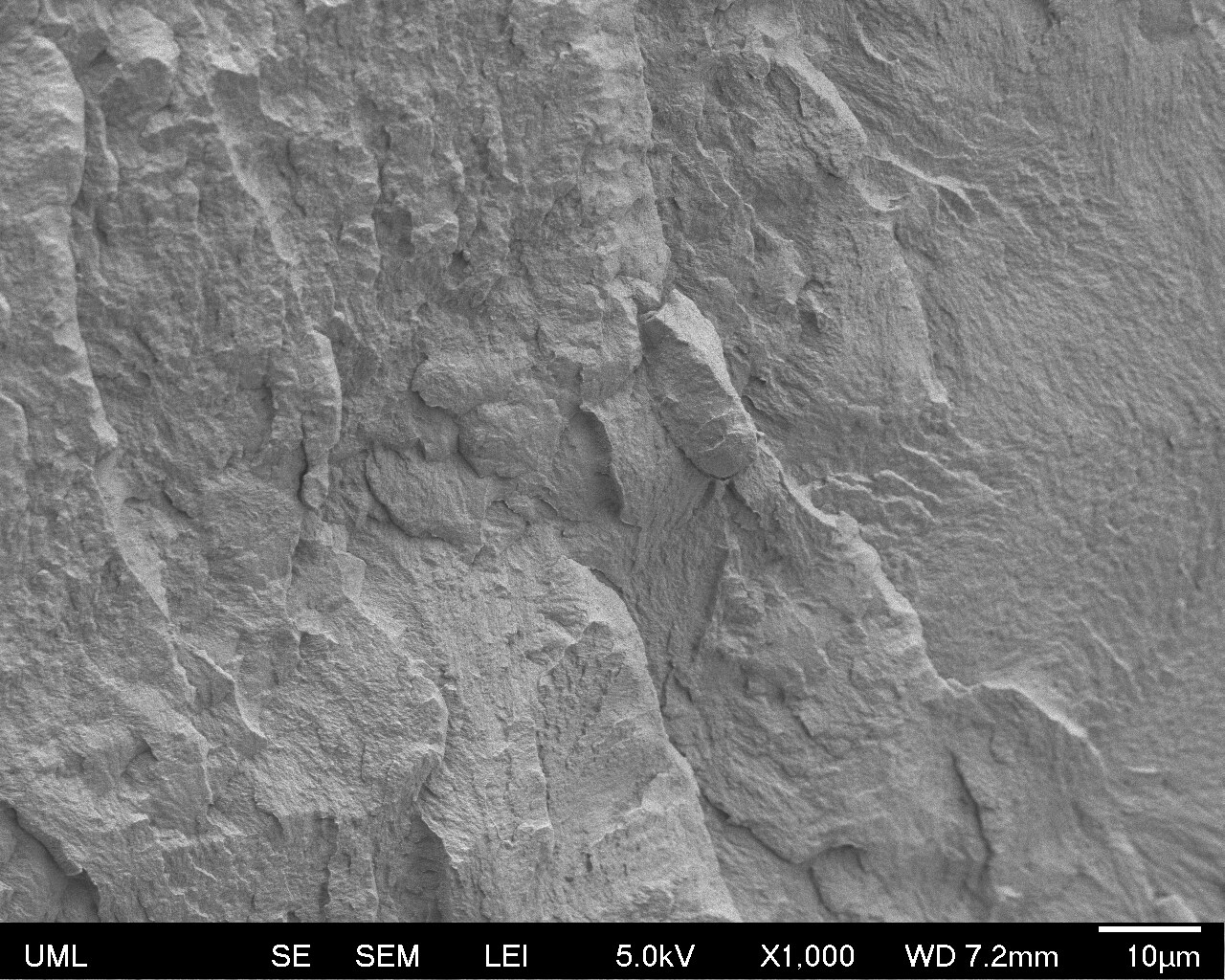 Scanning electron microscope image at 1000× magnification showing the cryofractured surface of PA 66 reinforced with 1 wt% Flexiphene graphene nanoplatelets, demonstrating uniform dispersion without agglomeration