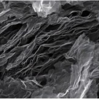 SEM micrograph of exfoliated reduced graphene oxide powder showing loosely separated, crumpled few-layer sheets with open spaces between layers