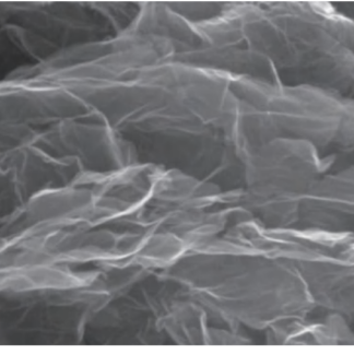 Close-up SEM micrograph of spray dried graphene oxide powder showing thin, wrinkled and overlapping graphene oxide sheets with fine surface folds
