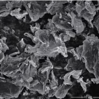 SEM micrograph of industrial grade reduced graphene oxide powder showing stacked, wrinkled few-layer sheets with a 10 micrometer scale bar